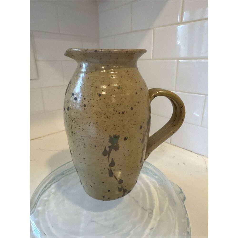 Small Handmade Pitcher Brown With Flowers 7 1/2 Tall Vintage - Picture 1 of 16